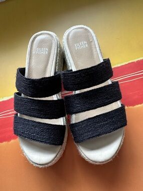 Eileen Fisher Black Triple-Band Espadrille Slide Sandals size 8